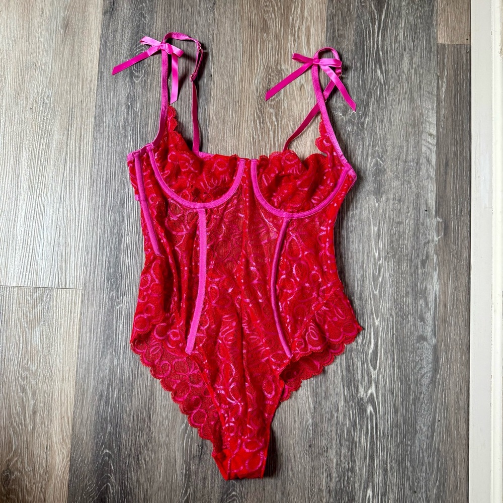 Savage X Fenty Red Lace Bodysuit with Pink Trim Size L